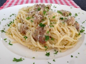 Spaghetti met witte wijn en prei